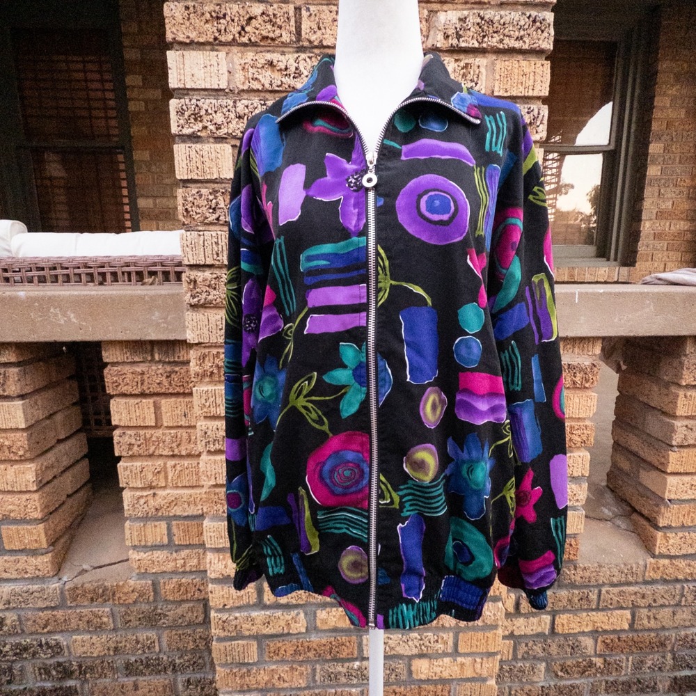 Teddi Vintage Abstract Floral Bomber Jacket Black Multi Color Zip Up XL